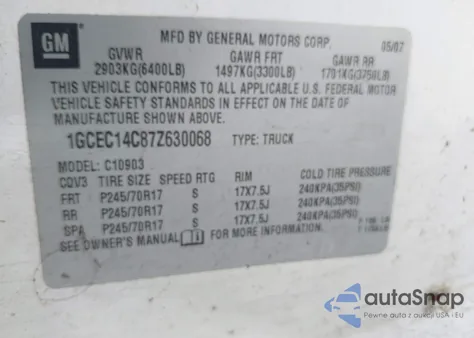 2007 Chevrolet Silverado 1500 Work Truck z USA, uszkodzony, nr VIN 1GCEC14C87Z630068